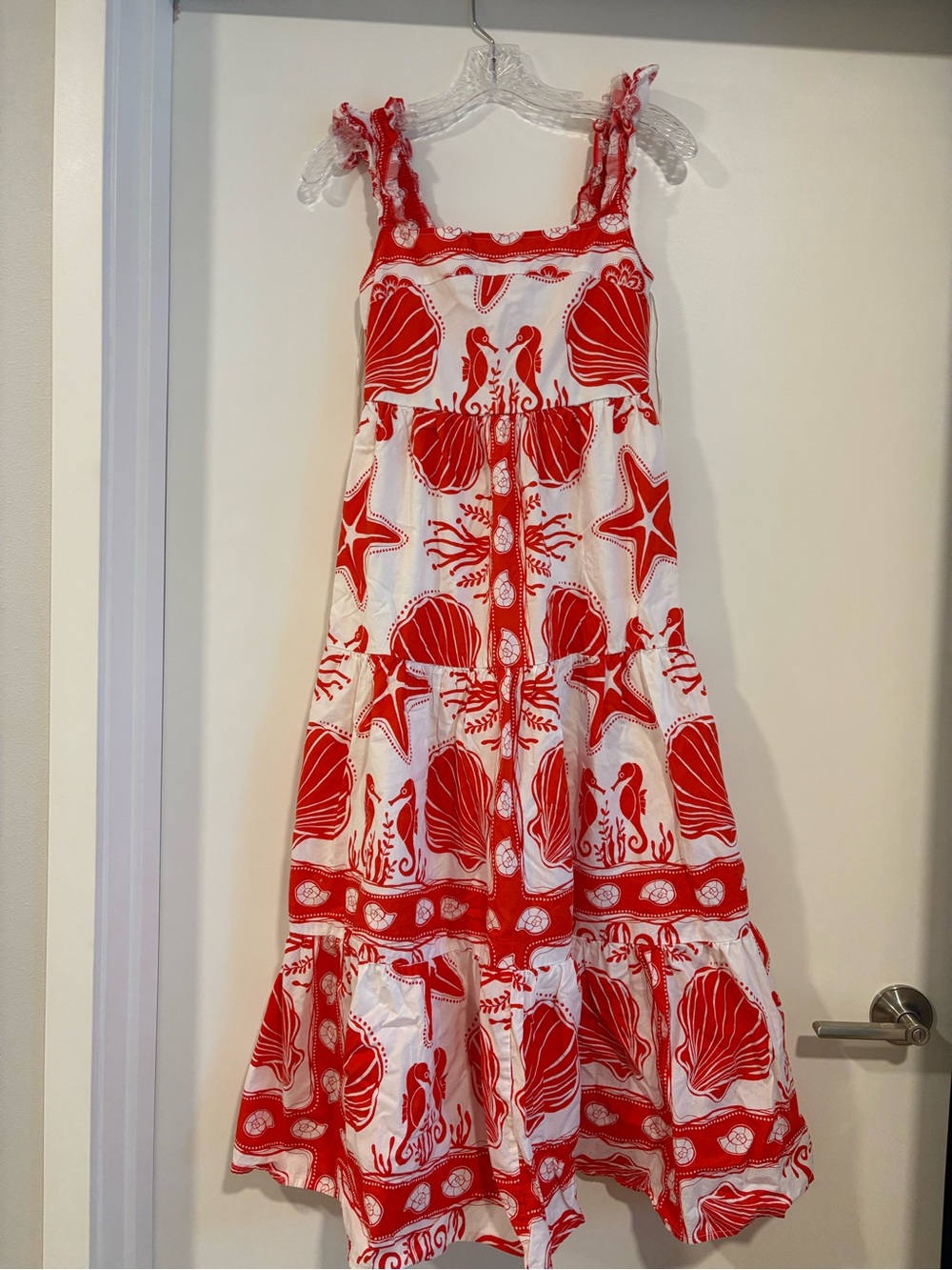 Moon River Red and White Seashell Print Maxi Dress